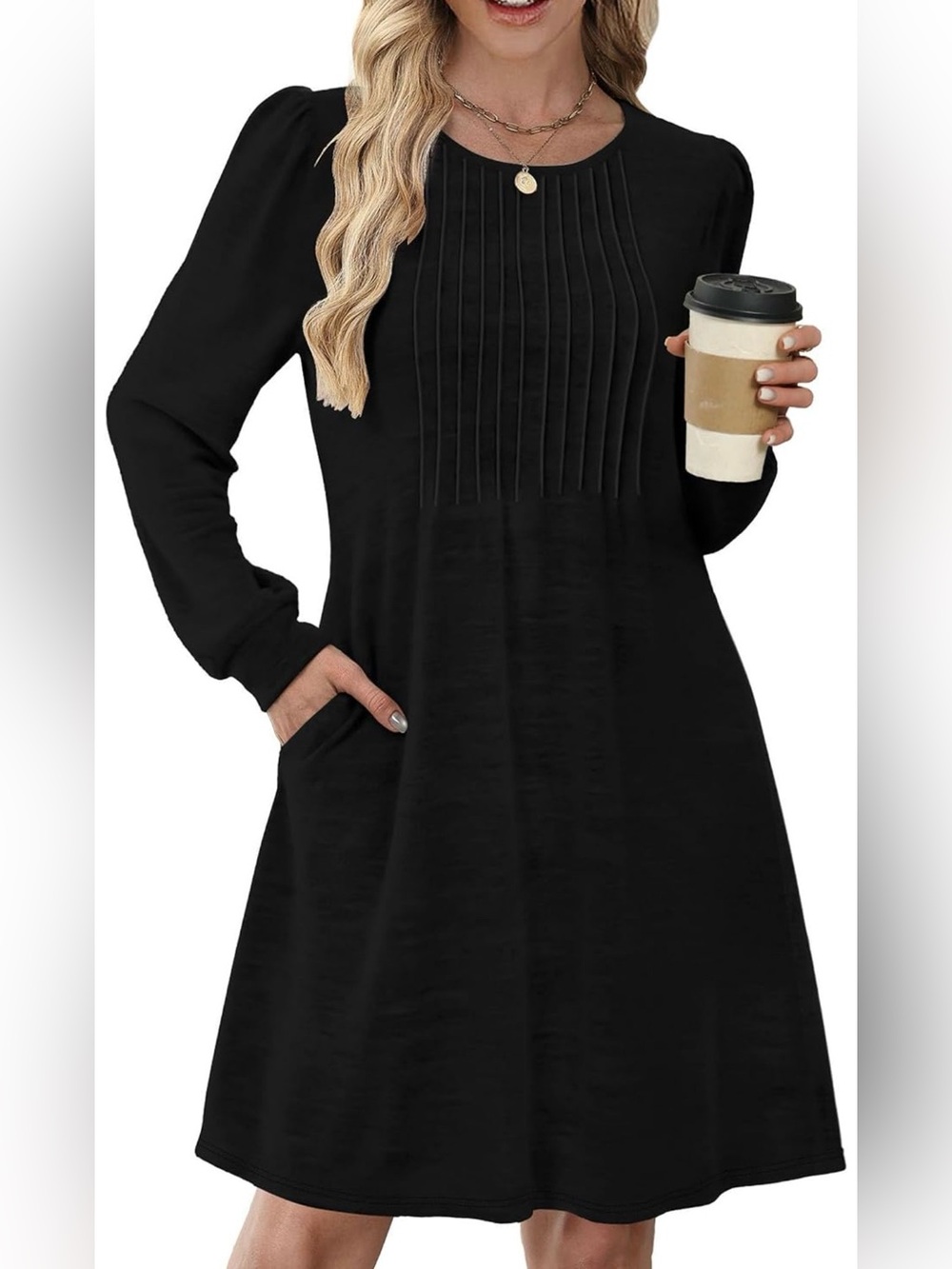 Women's Black Long Sleeve Pleated Front Dress
